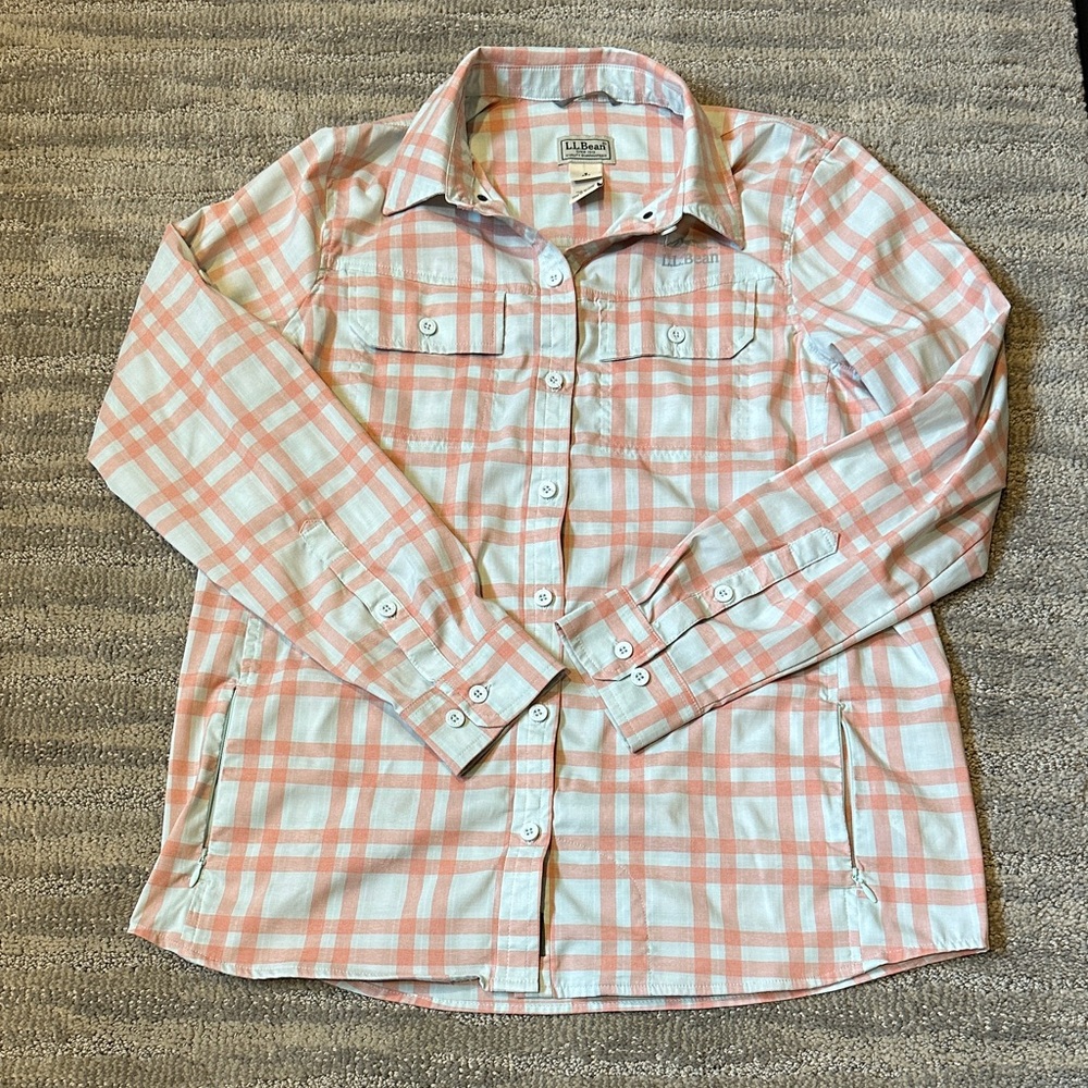 L.L. Bean No Fly Zone Coral and Gray/Mint Plaid Shirt